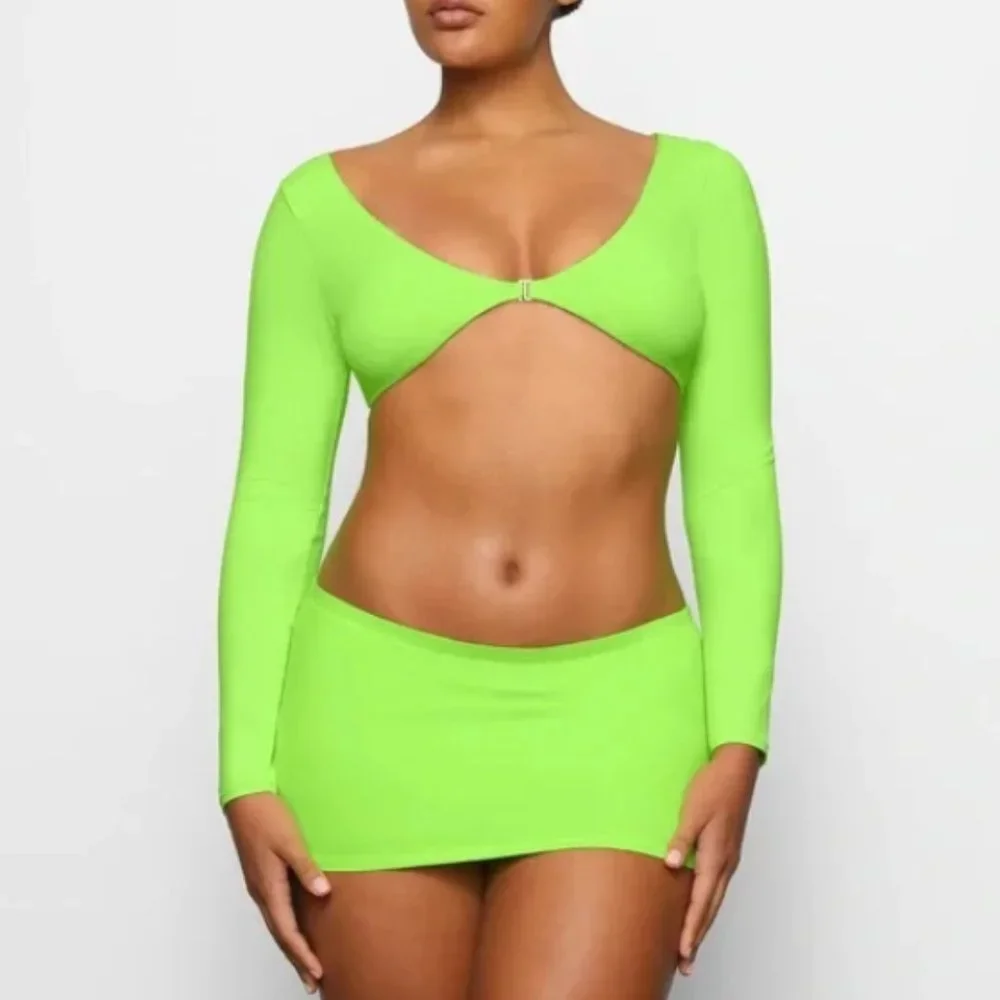 NWT SKIMS SIGNATURE SWIM LONG SLEEVE SHRUG TOP 3x NEON GREEN
